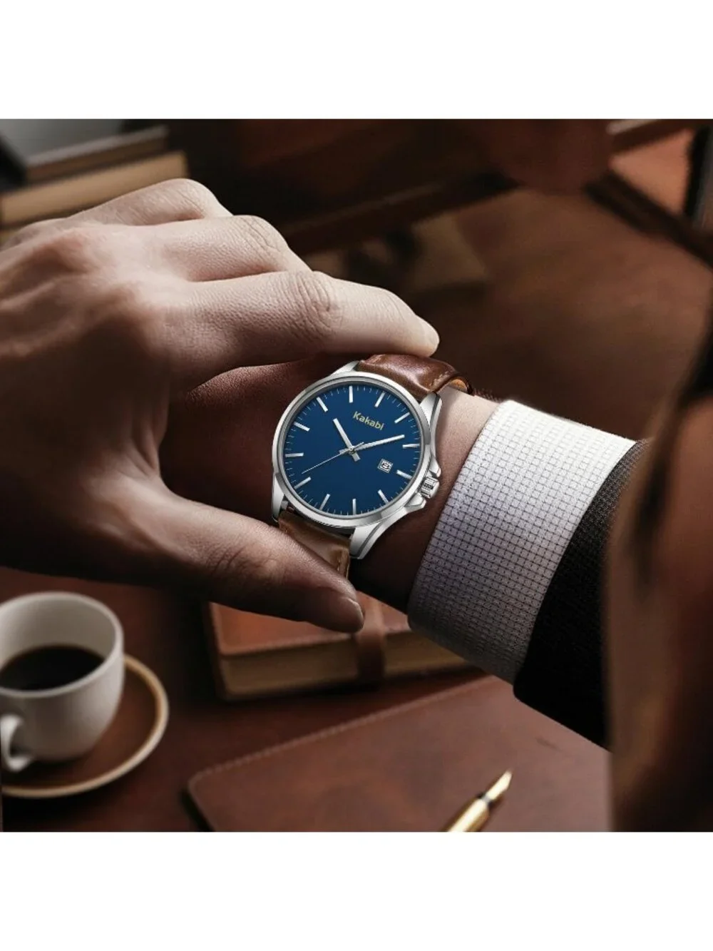 Men's Blue Brown Analog Quartz Minimalist Leather Strap Classic Waterproof Watch